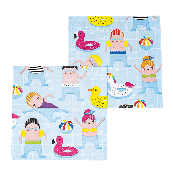 Party Partners pool party napkins featuring colorful summer-themed designs, perfect for outdoor gatherings.
